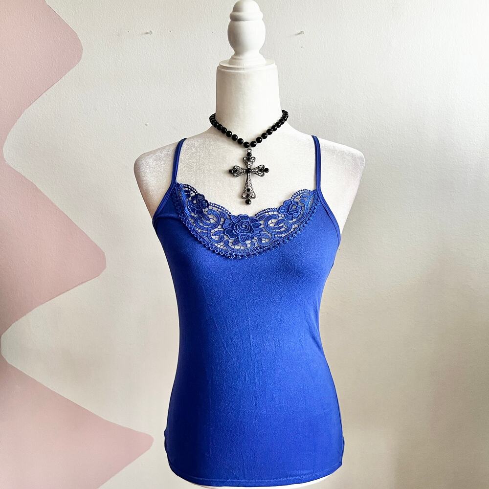 Vintage Blue Lace Trim Tank Top‎ Coquette Y2K Romantic Vintage Fairycore Small